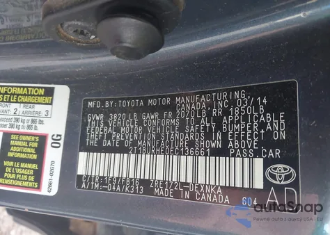 2014 Toyota Corolla Le from USA, damaged, VIN 2T1BURHE0EC136661